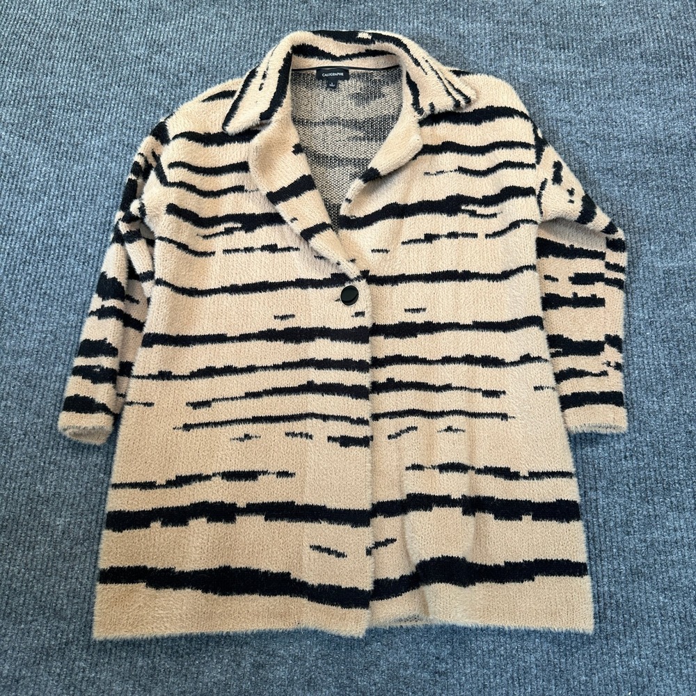 Calligraphie Fuzzy Knit Cardigan Large Tan Black Striped Single Button Coat
